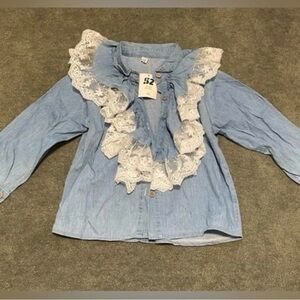 Brand New Denim Blouse with White Lace Ruffle